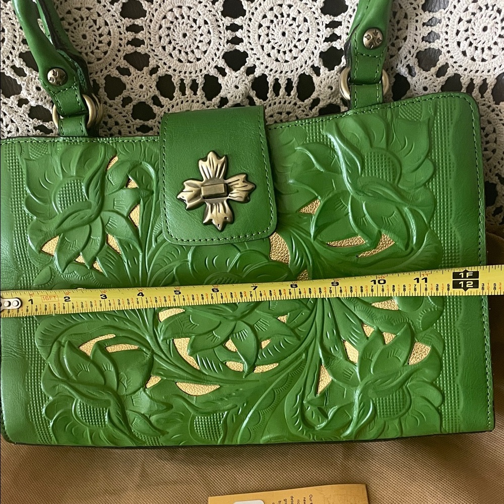 Patricia Nash Green Tooled Leather Floral Tote with Gold Accents - Picture 9 of 11